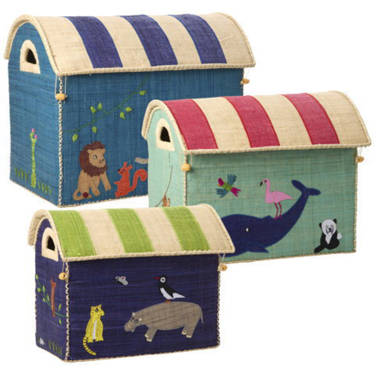 Rice Raffia Leketøy Baskets Med Animal Theme - Sett Of 3