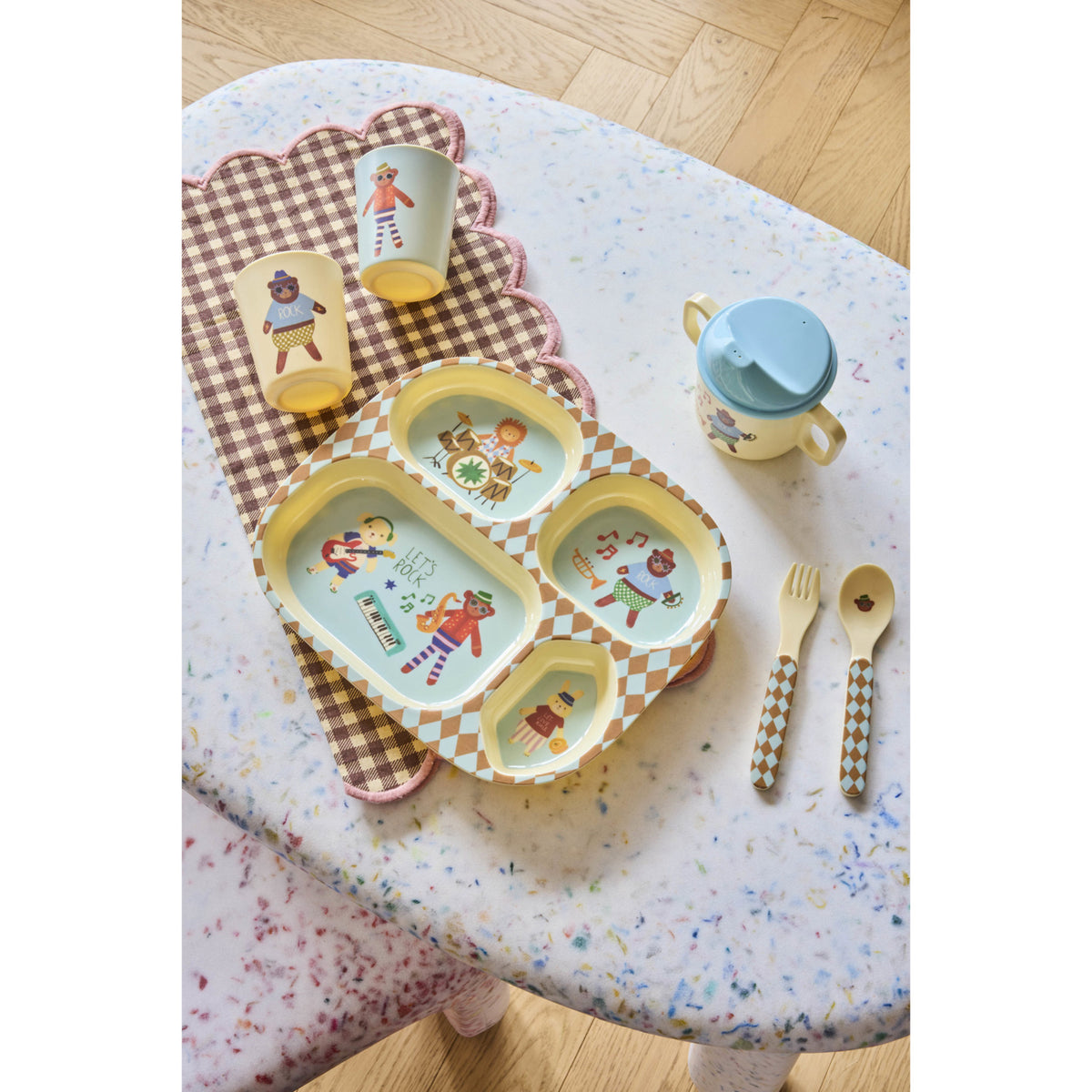 Rice Melamin Kids 4 Room Tallerken Med Blue Musikk Band Print