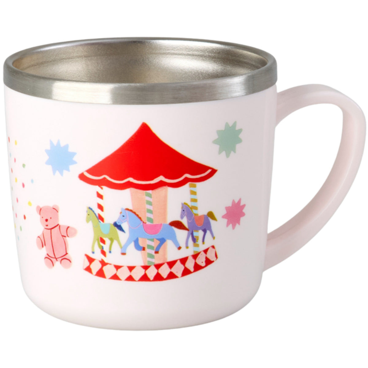 Rice Rustfrit Stål Baby Kopp Med Handle And Fixed Trekk - Pink Fun Fair Print - 260 Ml