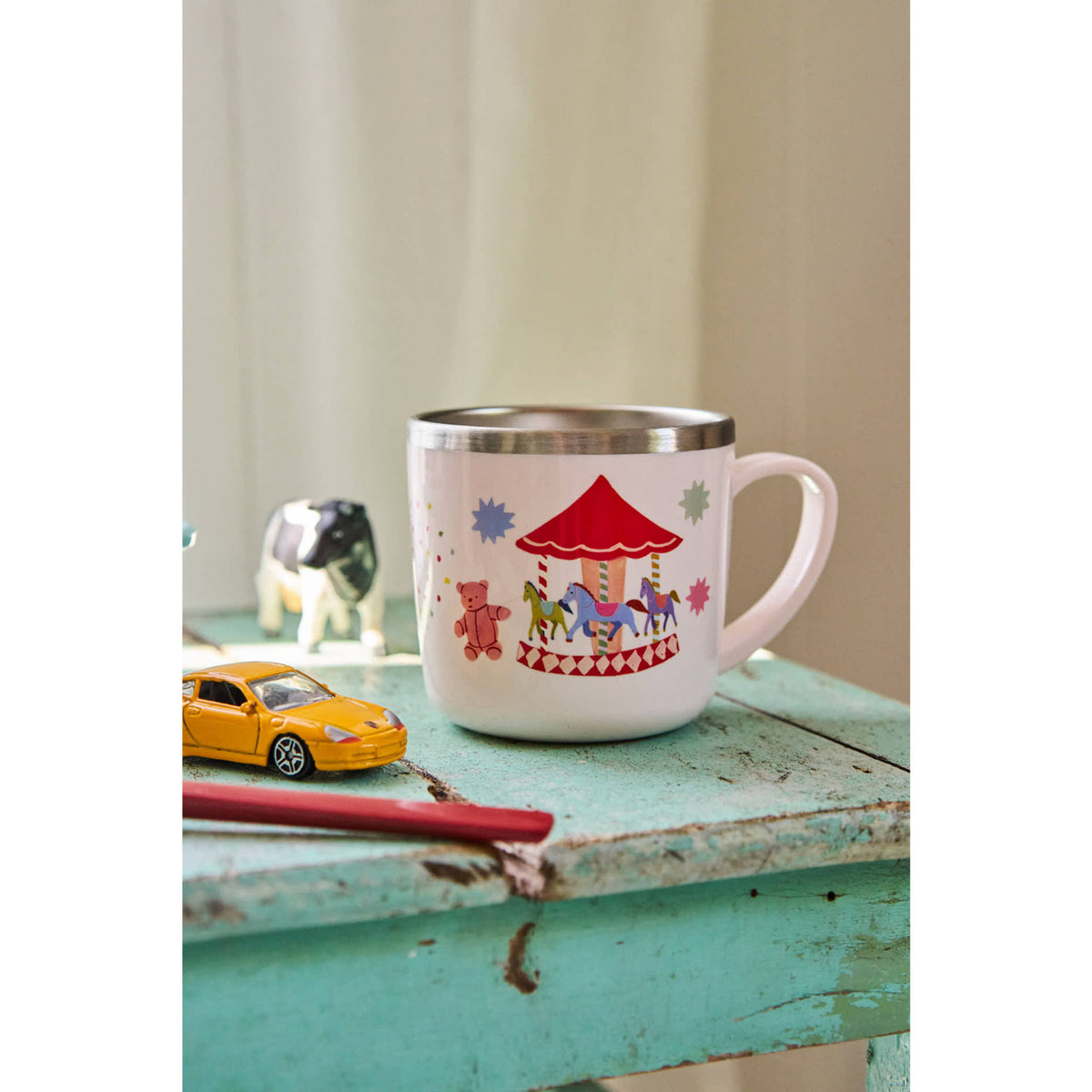 Rice Rustfrit Stål Baby Kopp Med Handle And Fixed Trekk - Pink Fun Fair Print - 260 Ml