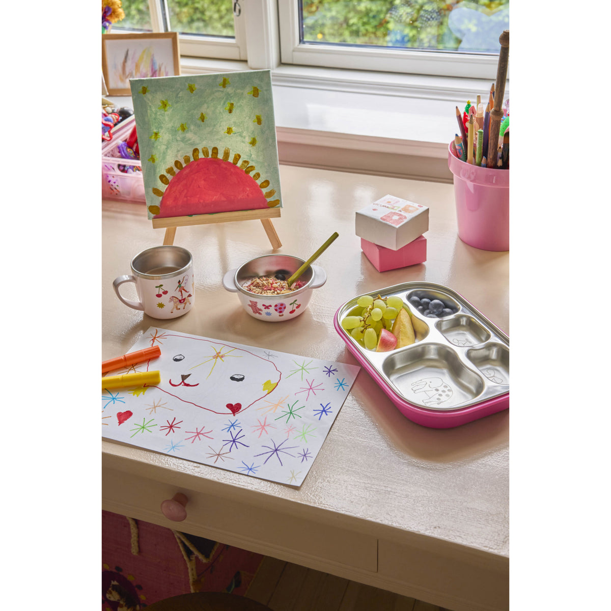 Rice Rustfrit Stål 5 Room Tallerken Med Pink Fun Fair Laser Print
