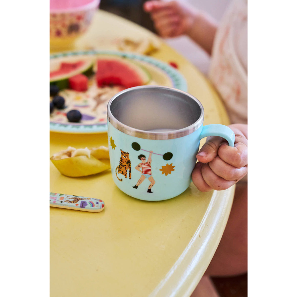 Rice Rustfrit Stål Baby Kopp Med Handle And Fixed Trekk - Mint Fun Fair Print - 260 Ml