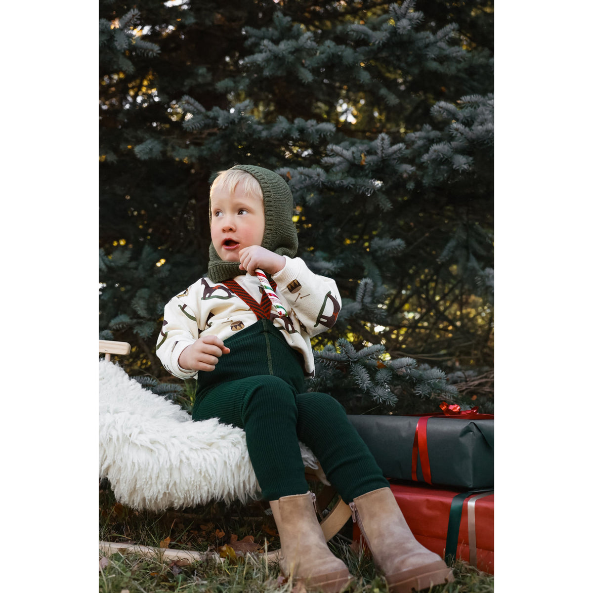 Silly Silas Footless Bomull Strømpebukser Med Braces Dark Forest Green Christmas Patterned