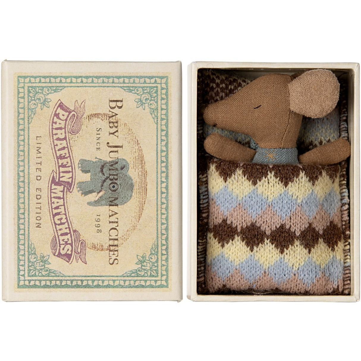 Maileg Sleepy Wakey Babymus i Fyrstikkeske - Blå