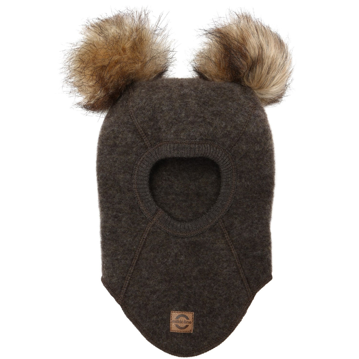 Mikk-Line Dark Brown Melange Ull Balaclava med Pom Pom