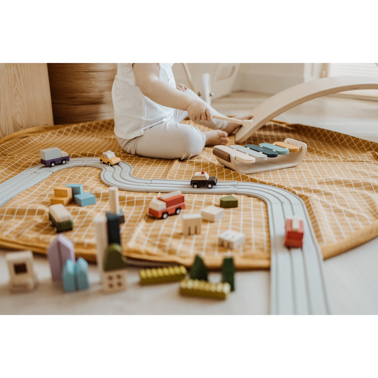 Play&Go Organic Grid Mustard 2-in-1 Lekteppe