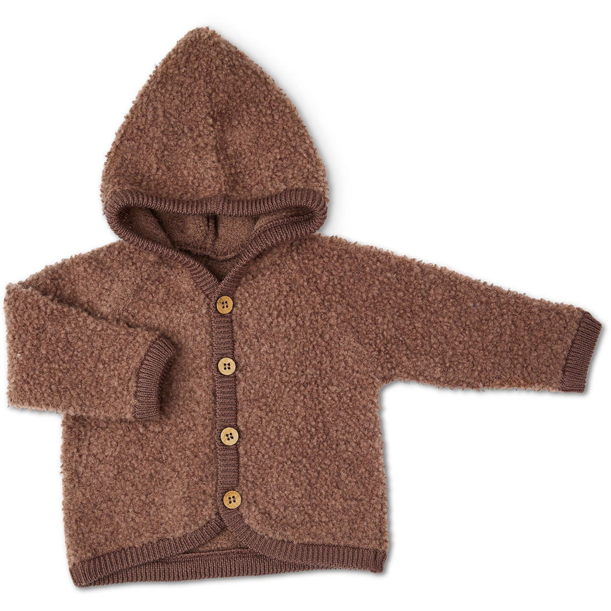 Smallstuff Rose Brown Cardigan Bouclé Merinoull med Knapper og Hette