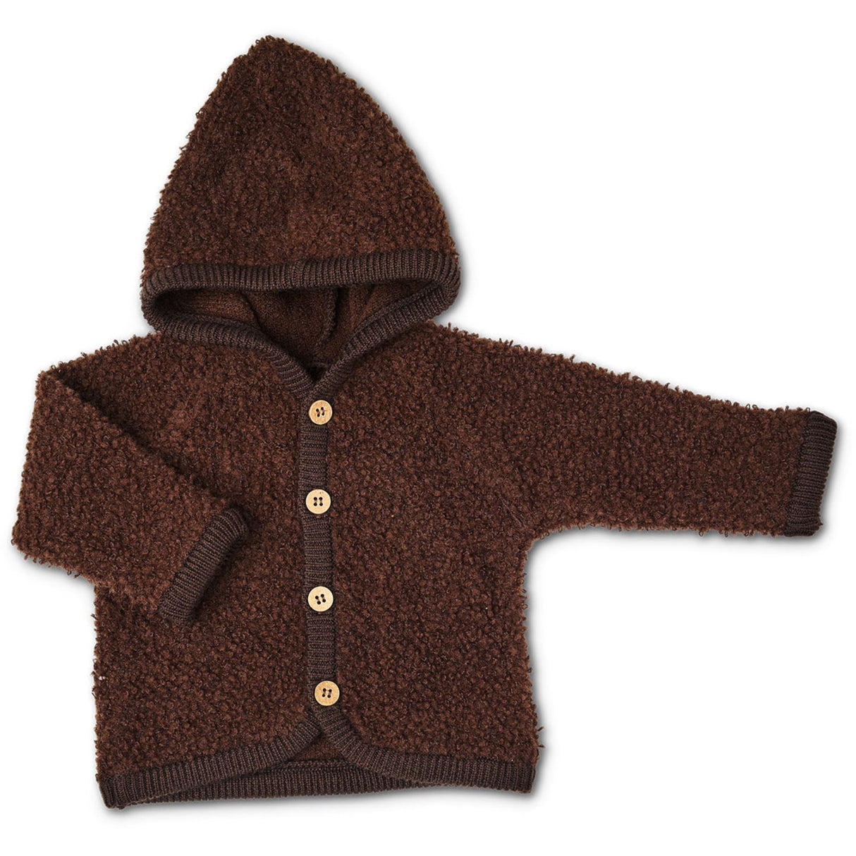 Smallstuff Brown Cardigan Bouclé merinoull med knapper og hette
