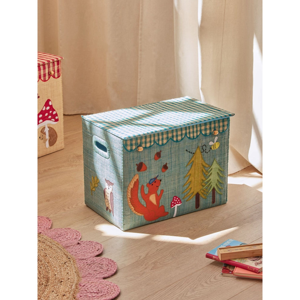 Rice Raffia Oppbevaring Box Med Happy Forest Theme - Large - Foldable