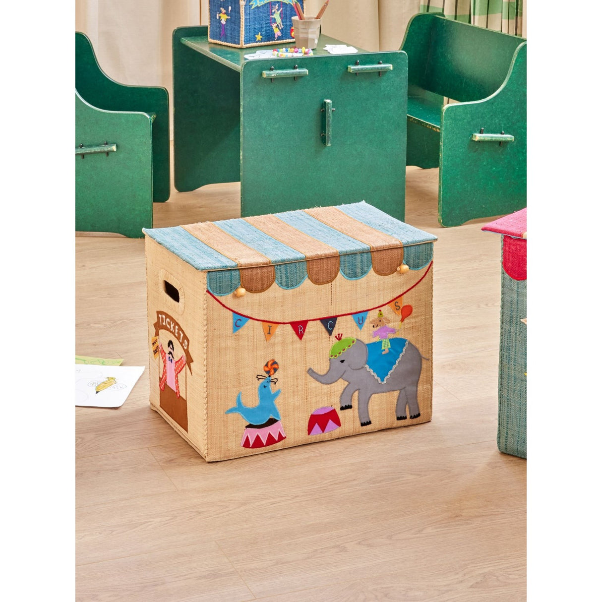 Rice Raffia Oppbevaring Box Med Circus Theme - Large - Foldable