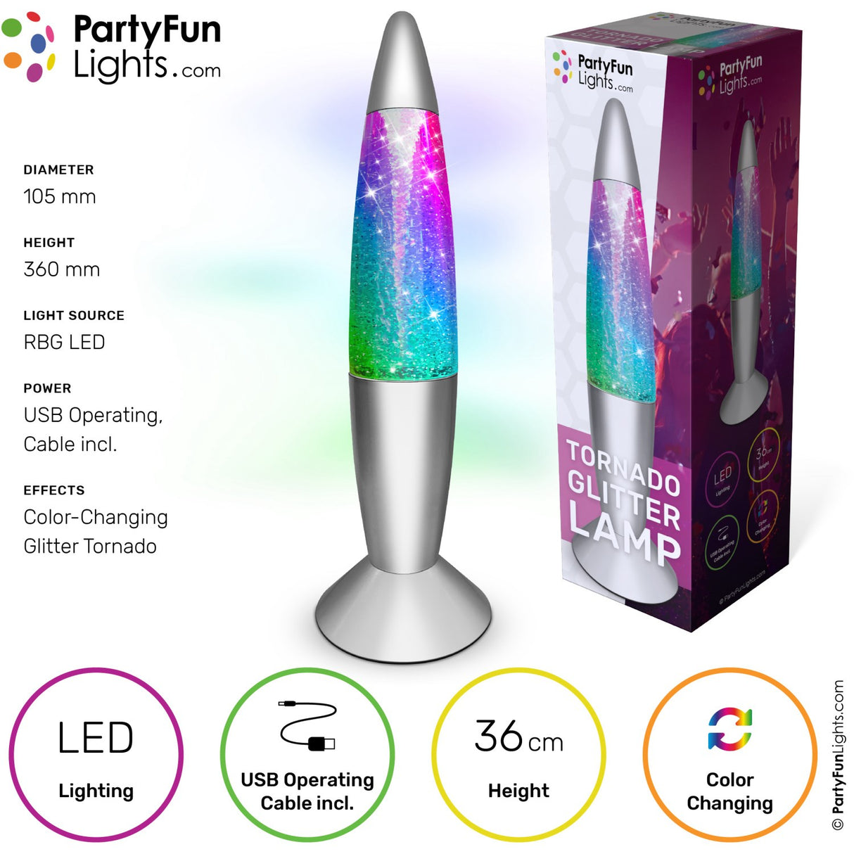 Party Funlight Tornado Glitter Lampe - Flerfarget H: 36cm