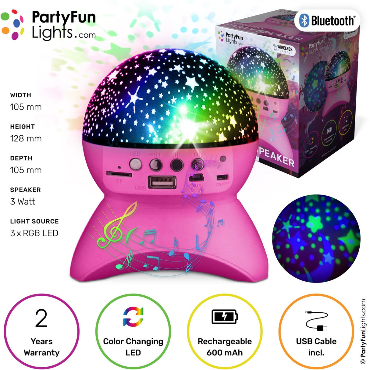 Party Funlight Starry Sky Bluetooth Høyttaler - Rosa