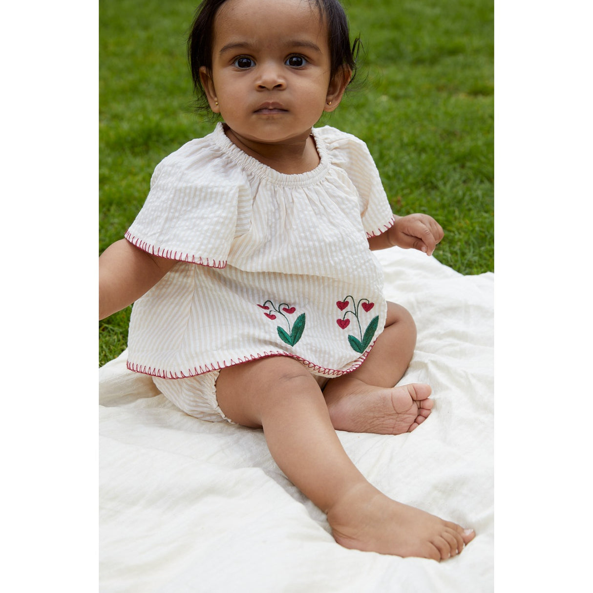 COPENHAGEN COLORS Dusty Rose W Cream Stripe W. Berry Seersucker Baby Sett W. Embroidery