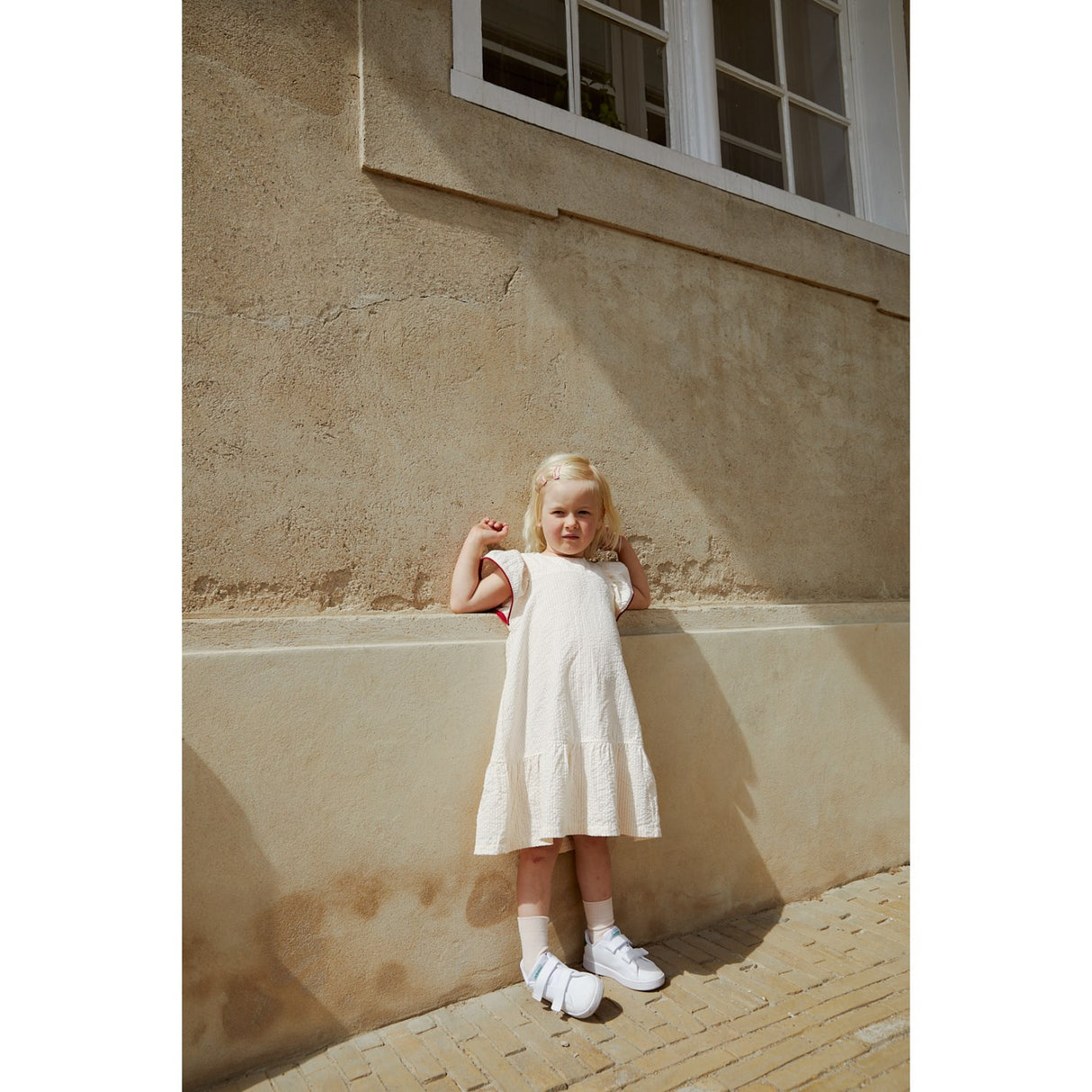 COPENHAGEN COLORS Dusty Rose W Cream Stripe W. Berry Seersucker Kjole W. Frill Ermer