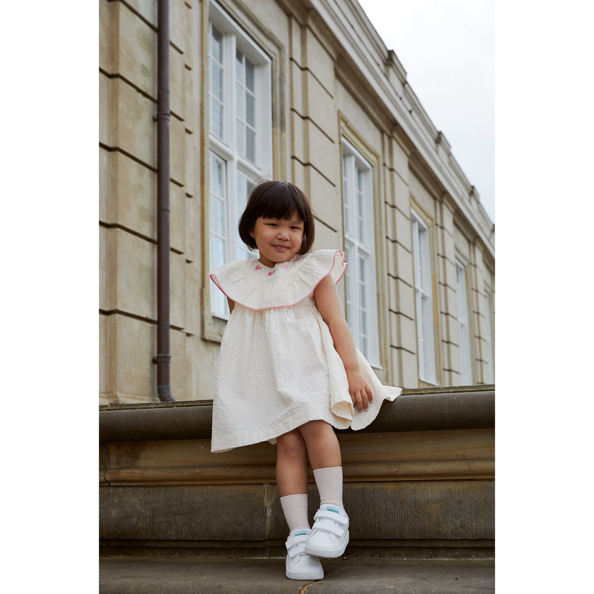 COPENHAGEN COLORS Dusty Rose W Cream Stripe W. Pink Seersucker Kjole W. Heart