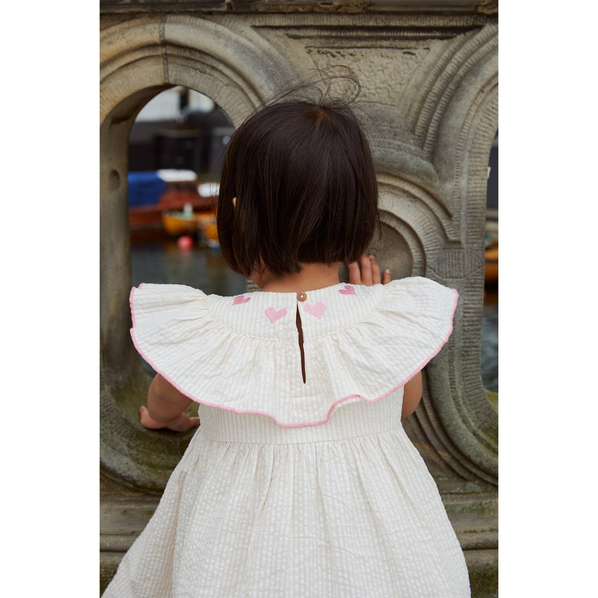 COPENHAGEN COLORS Dusty Rose W Cream Stripe W. Pink Seersucker Kjole W. Heart