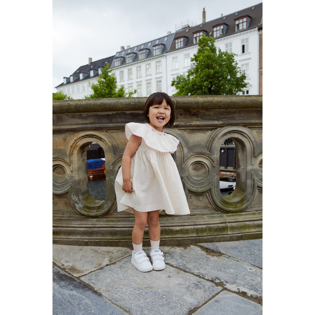 COPENHAGEN COLORS Dusty Rose W Cream Stripe W. Pink Seersucker Kjole W. Heart