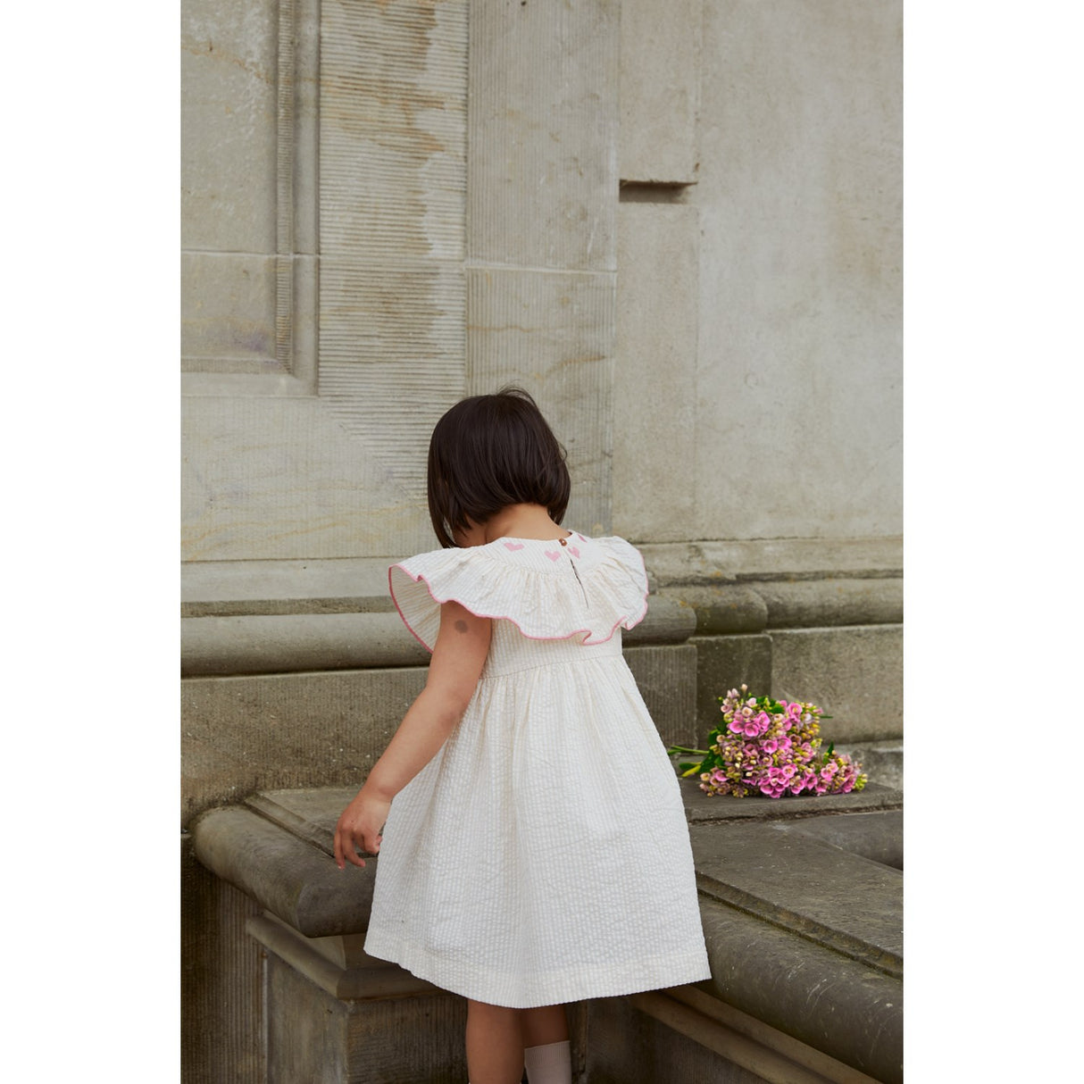 COPENHAGEN COLORS Dusty Rose W Cream Stripe W. Pink Seersucker Kjole W. Heart