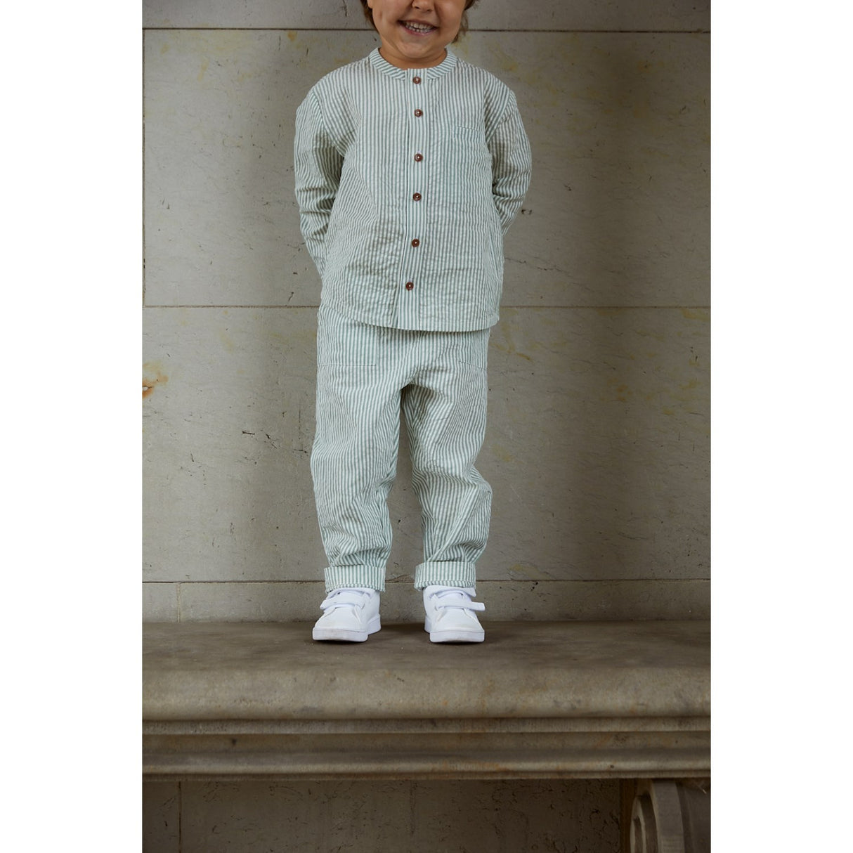 COPENHAGEN COLORS Green W Cream Stripe Seersucker Skjorte W. Placket