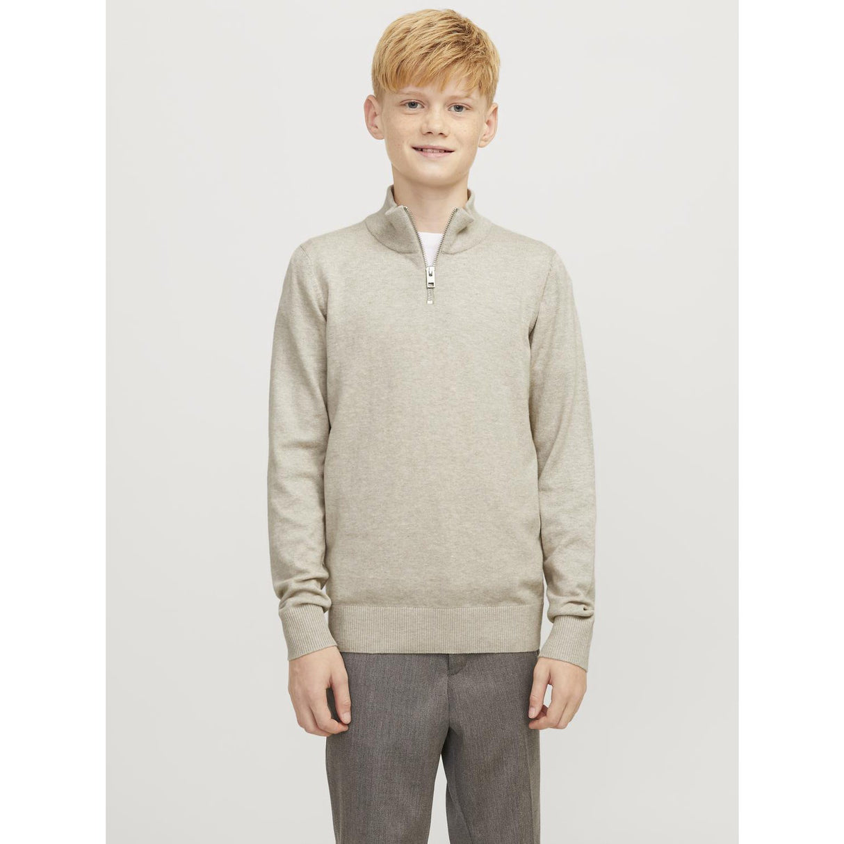 Jack & Jones Junior Oatmeal Melange Jjeemil Strikk Half Zip Noos Jnr