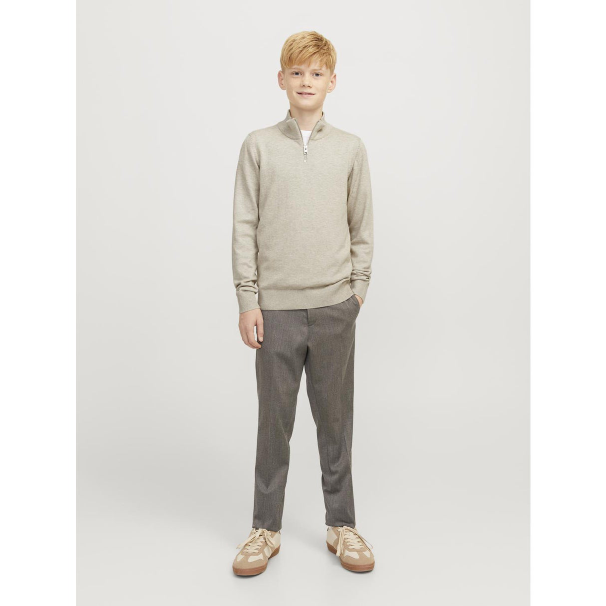 Jack & Jones Junior Oatmeal Melange Jjeemil Strikk Half Zip Noos Jnr