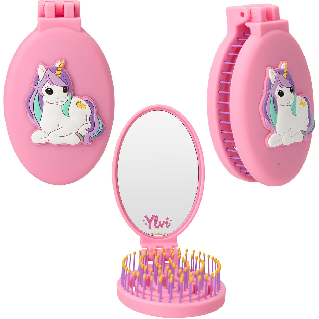 Ylvi Pink Folding Hairbrush Med Unicorn