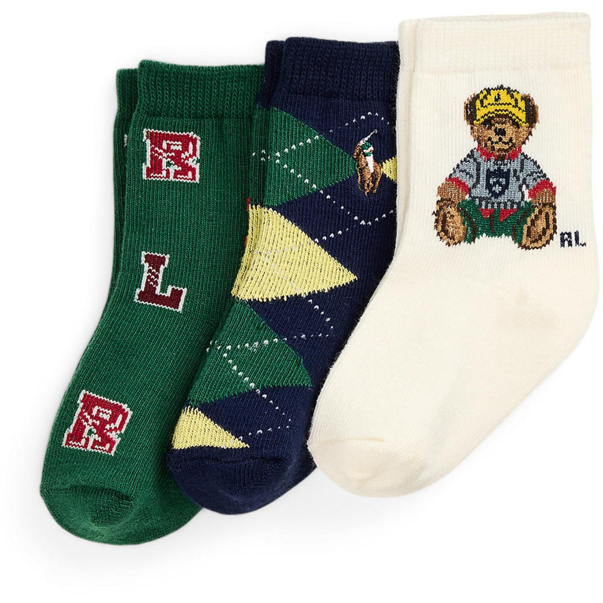 Ralph Lauren Baby Ivory/Navy/Green Baby Boy Crew Strømpe 3-Pak