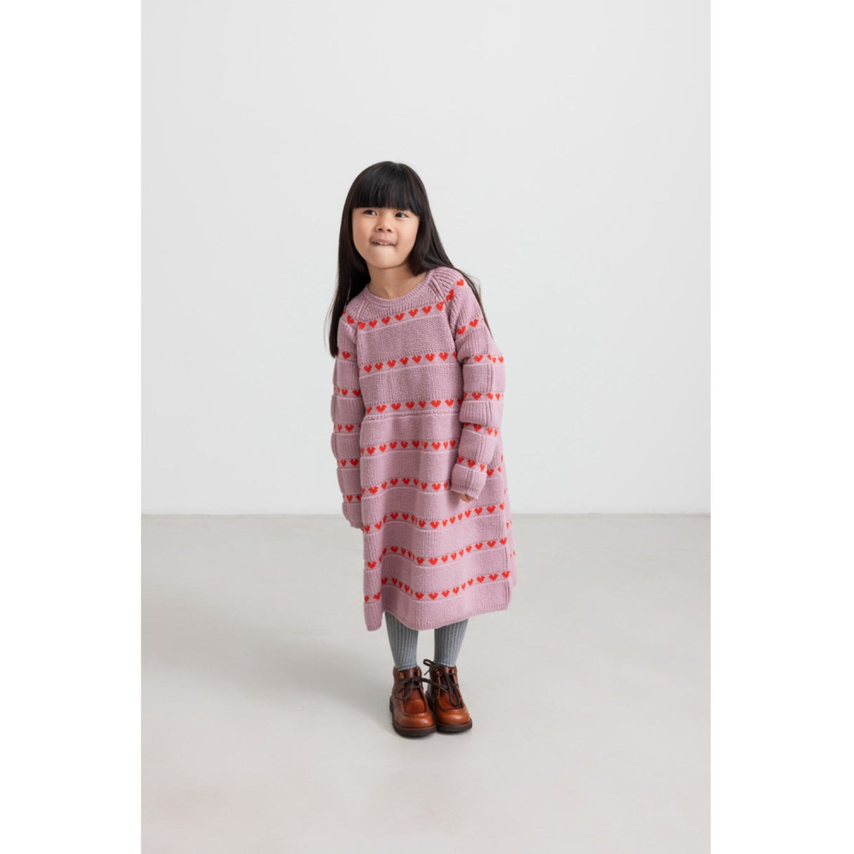 MarMar Light Cotton Wool Pattern Soft Berry Hearts Daso Strikk Kjole