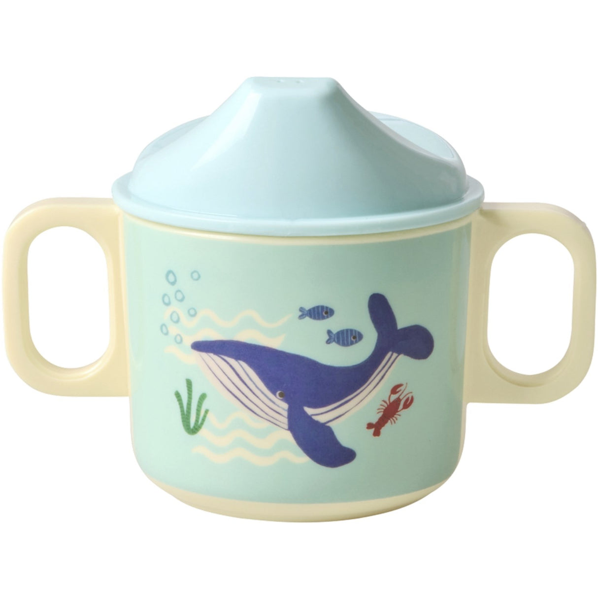 Rice Blue Ocean Print Melamine 2 Handle Baby Kopp With Lid 250 Ml