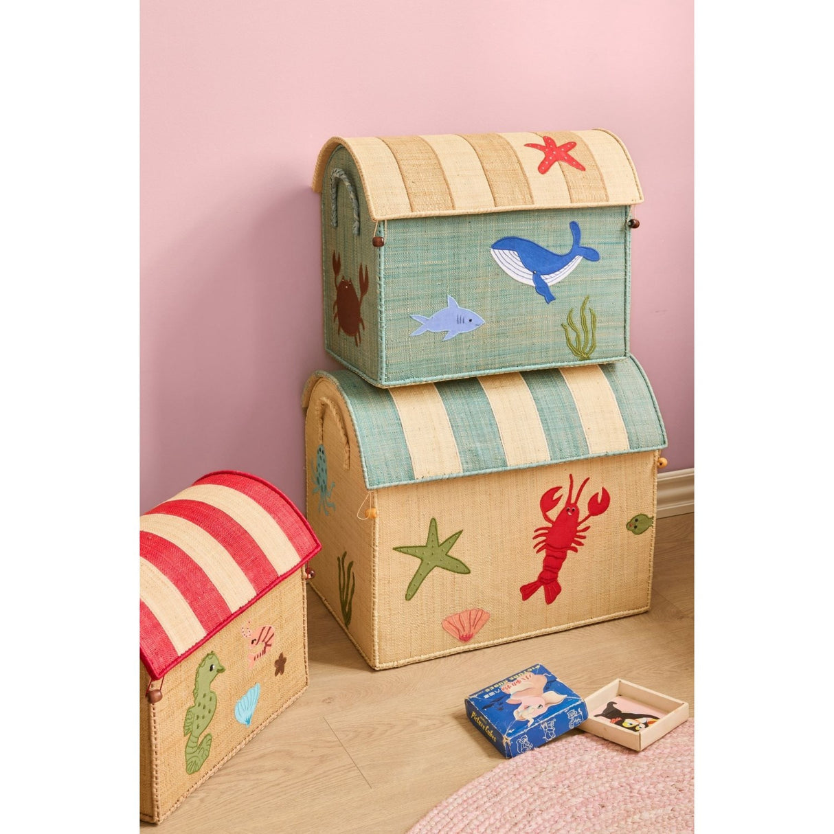 Rice Ocean Theme Raffia Leketøy Baskets Sett Of 3