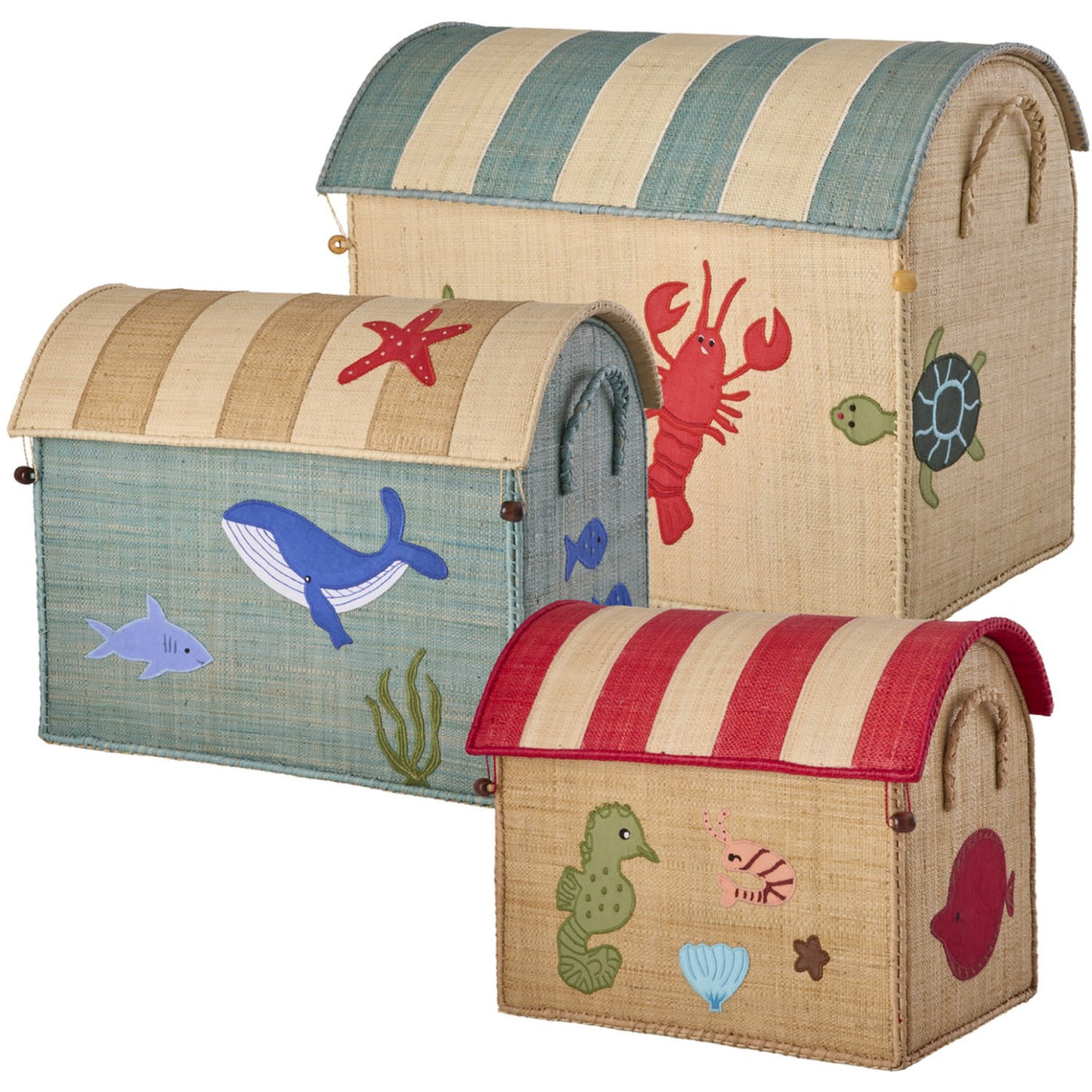 Rice Ocean Theme Raffia Leketøy Baskets Sett Of 3