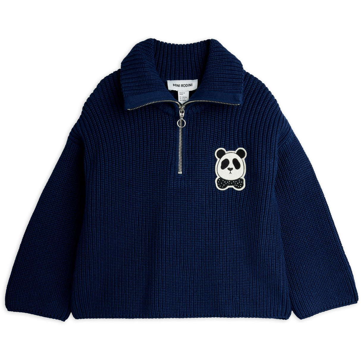 Mini Rodini Blue Panda Patch Chunky Strikk Half Zip Sweater