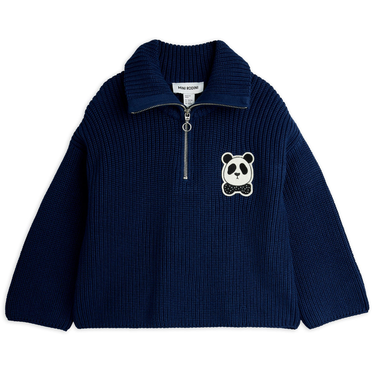 Mini Rodini Blue Panda Patch Chunky Strikk Half Zip Sweater