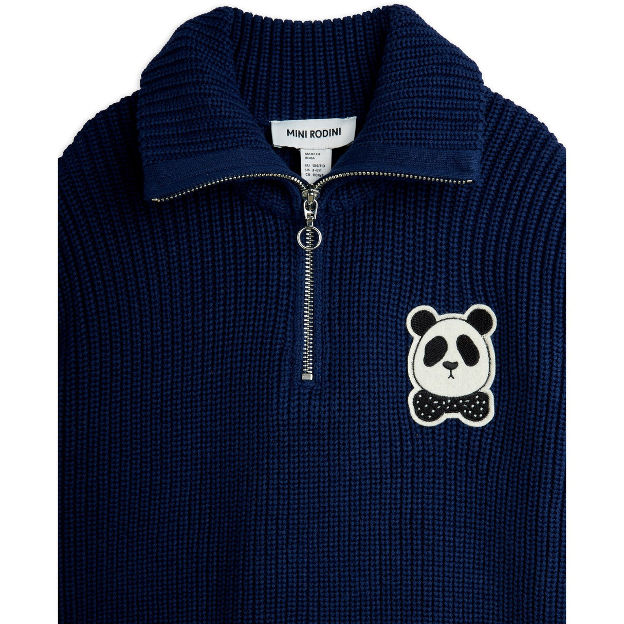 Mini Rodini Blue Panda Patch Chunky Strikk Half Zip Sweater