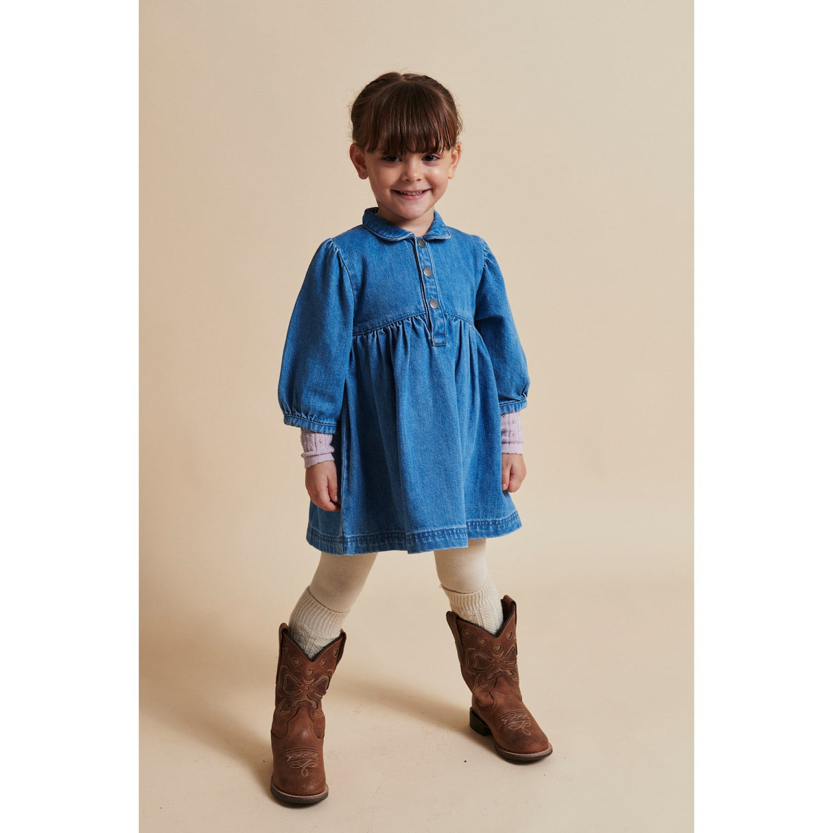 COPENHAGEN COLORS Indigo Blue Washed Organic Denim Kjole W. Puff Ermer