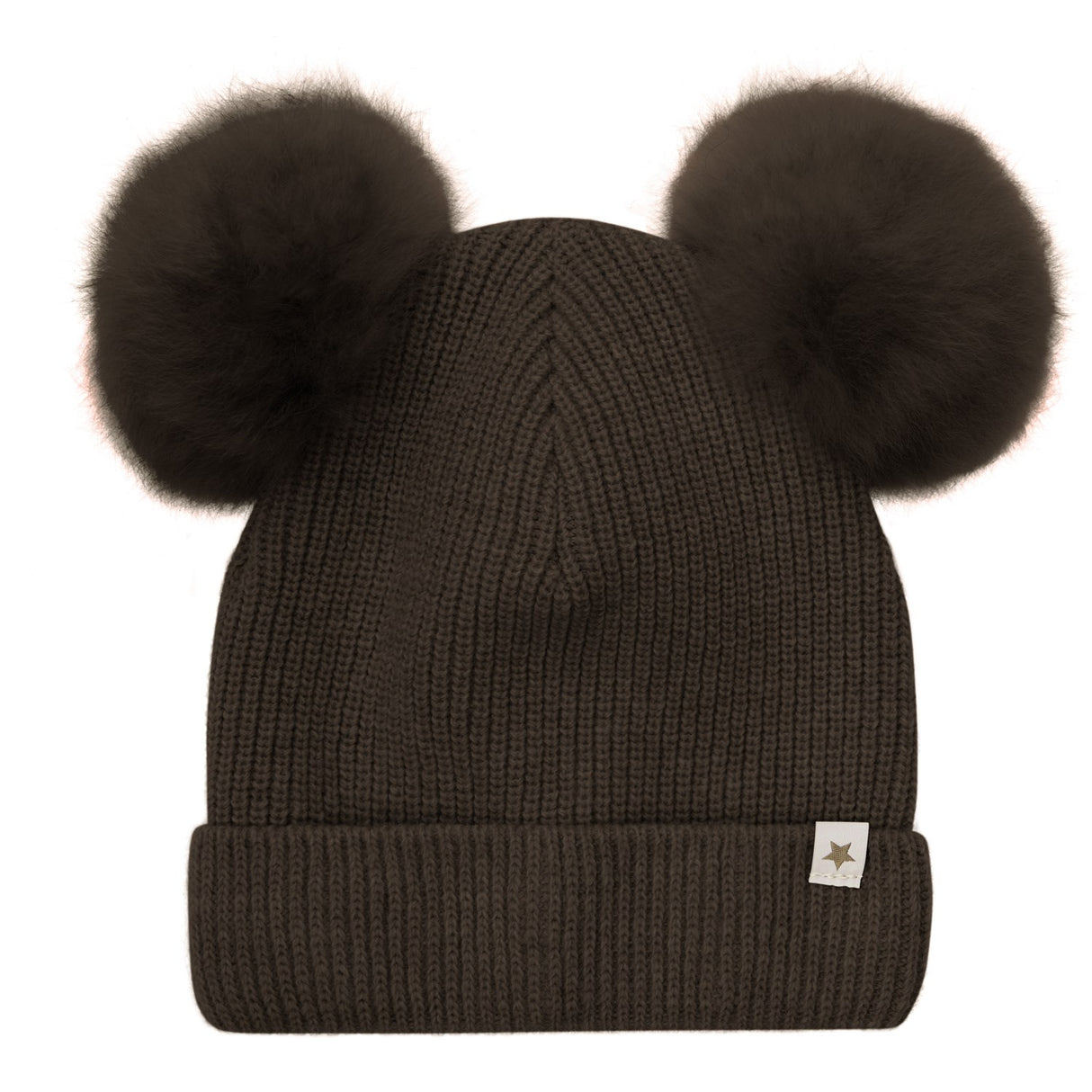 Huttelihut Dark Brown Melange Lue Strikk Alpaca Pompoms