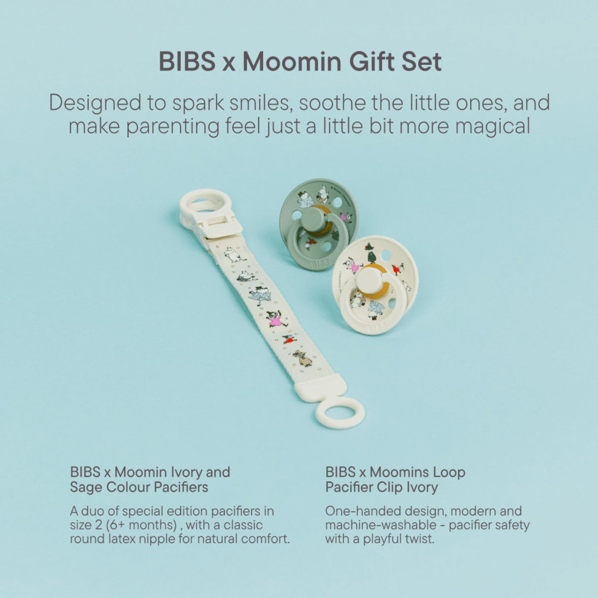 Bibs X Moomin Ivory/sage Colour Smokk & Loop Clip Gift Sett Latex