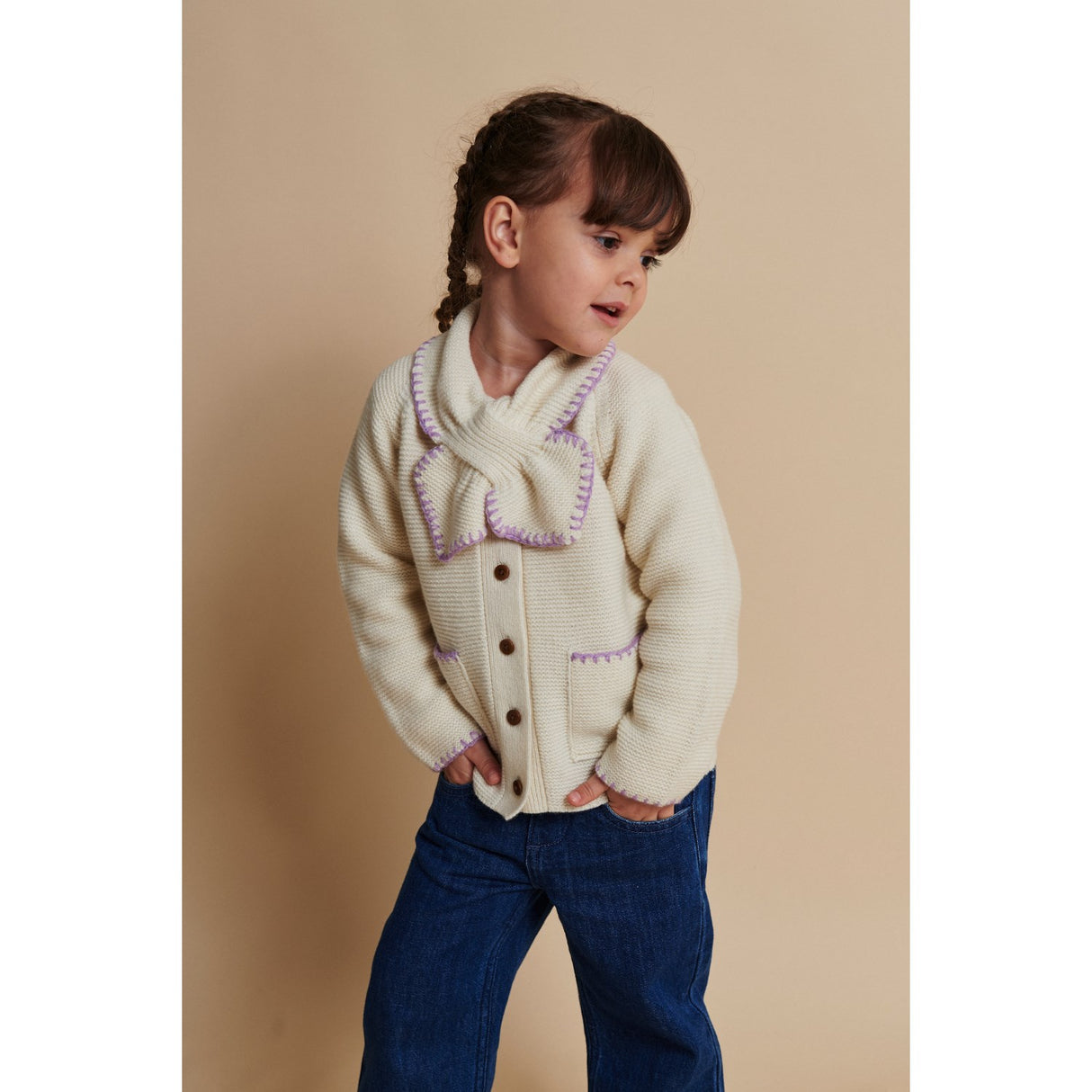 COPENHAGEN COLORS Cream/Lavender Comb Lambswool Cardigan W. Halsbånd