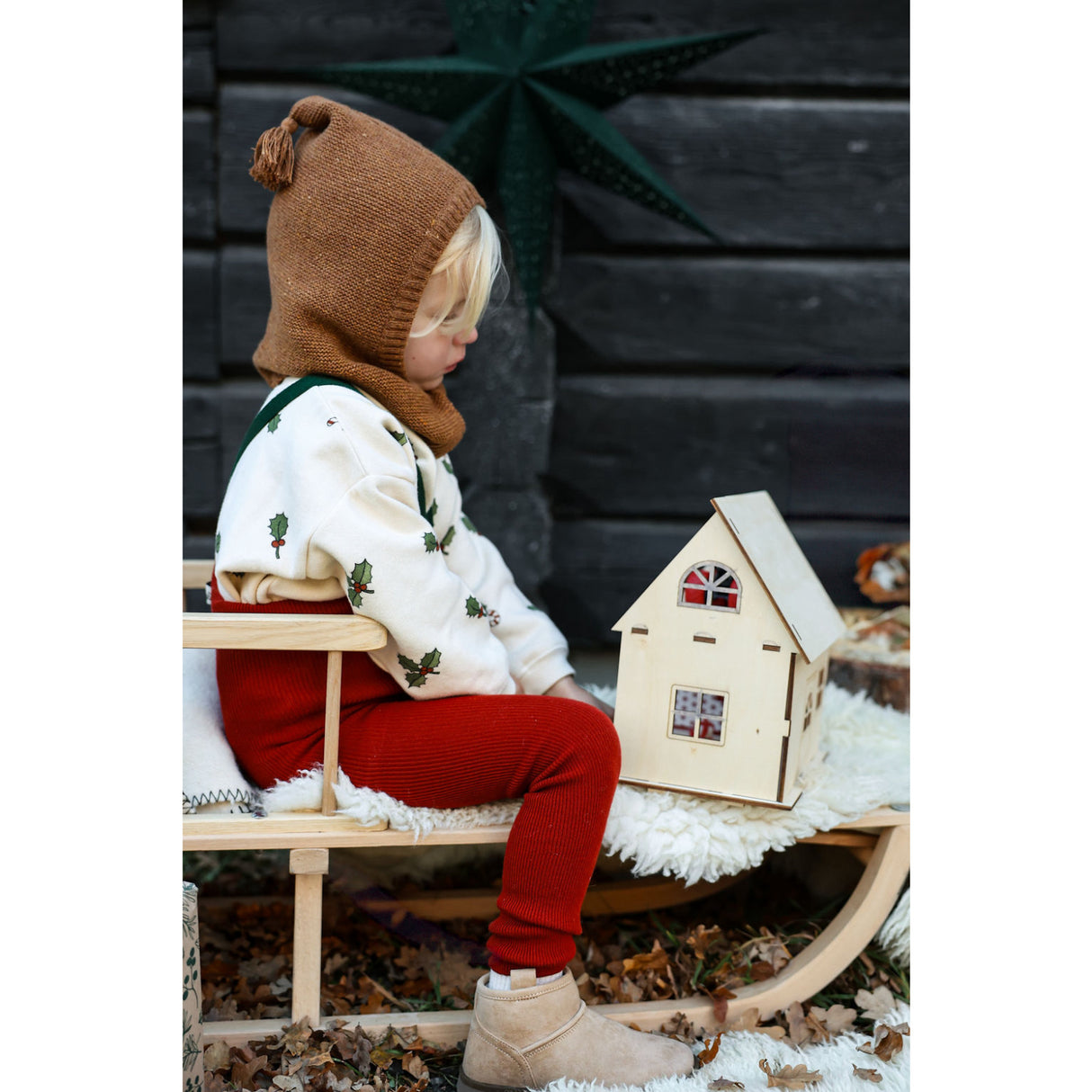 Silly Silas Maple Leaf With Dark Forest Green Footless Strømpebukser Christmas Edition