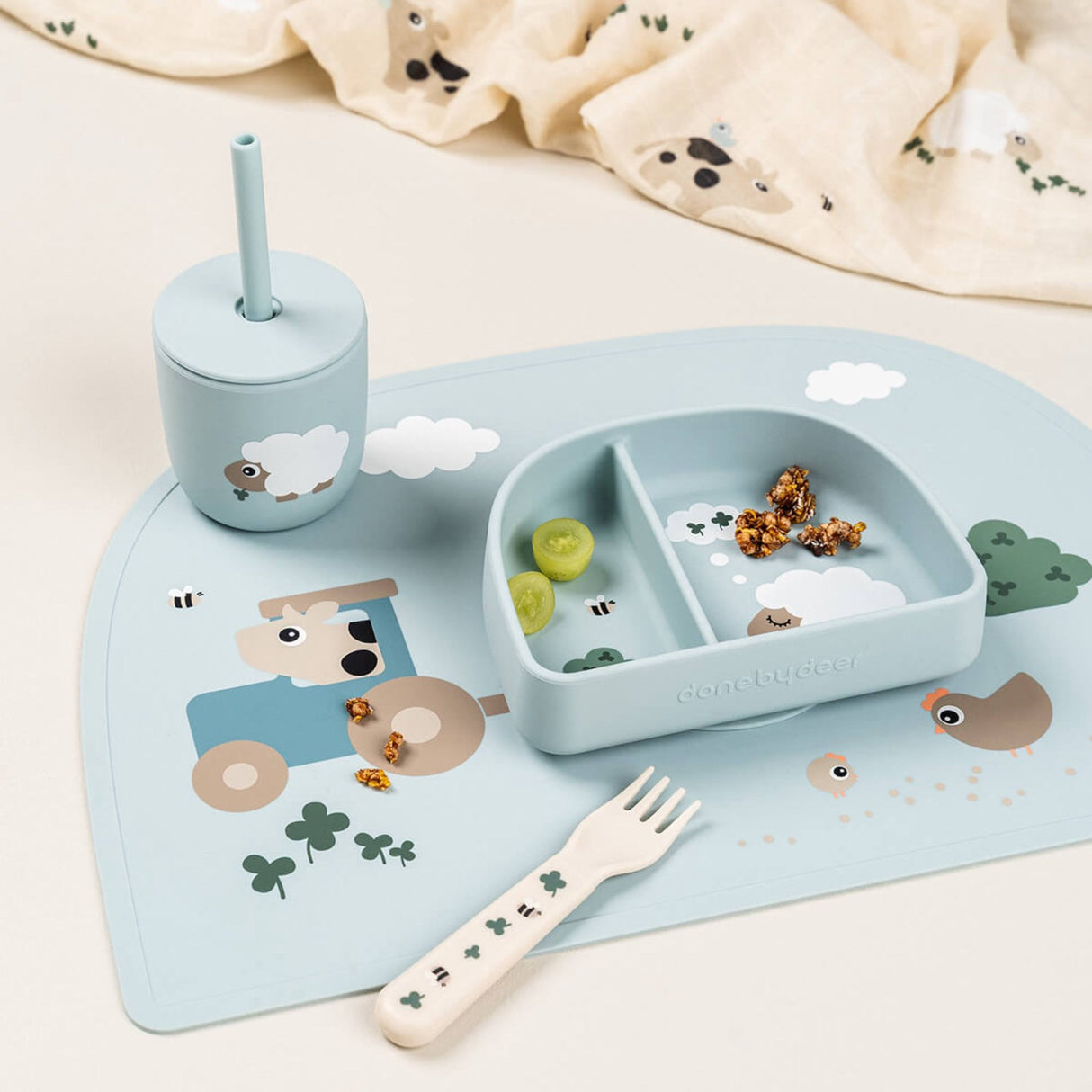 DonebyDeer Tiny Farm Blue Silikon Sugerørskop 2-Pakning