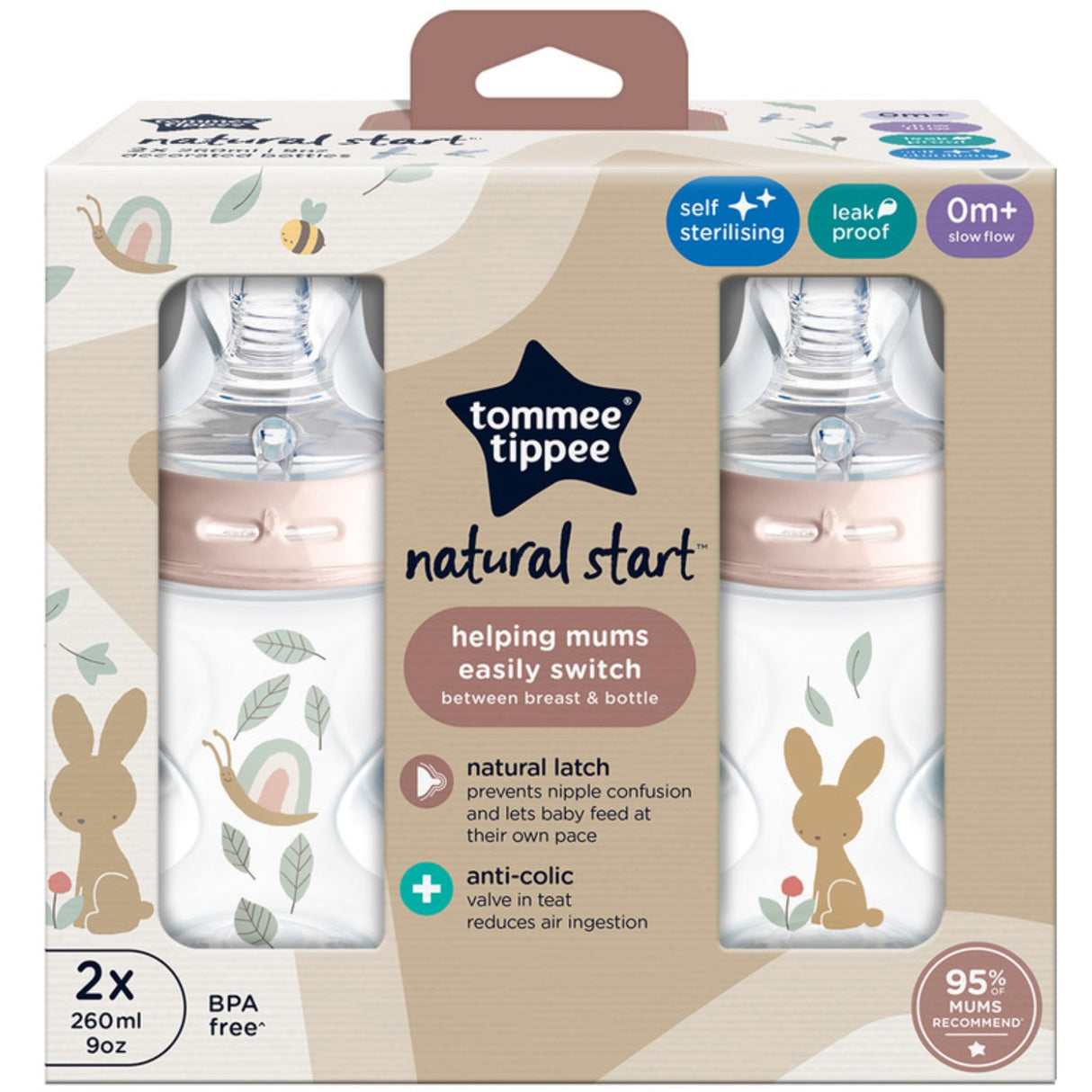 Tommee Tippee Natural Start Baby Flaske 2 X 260 Ml - Deco Pink