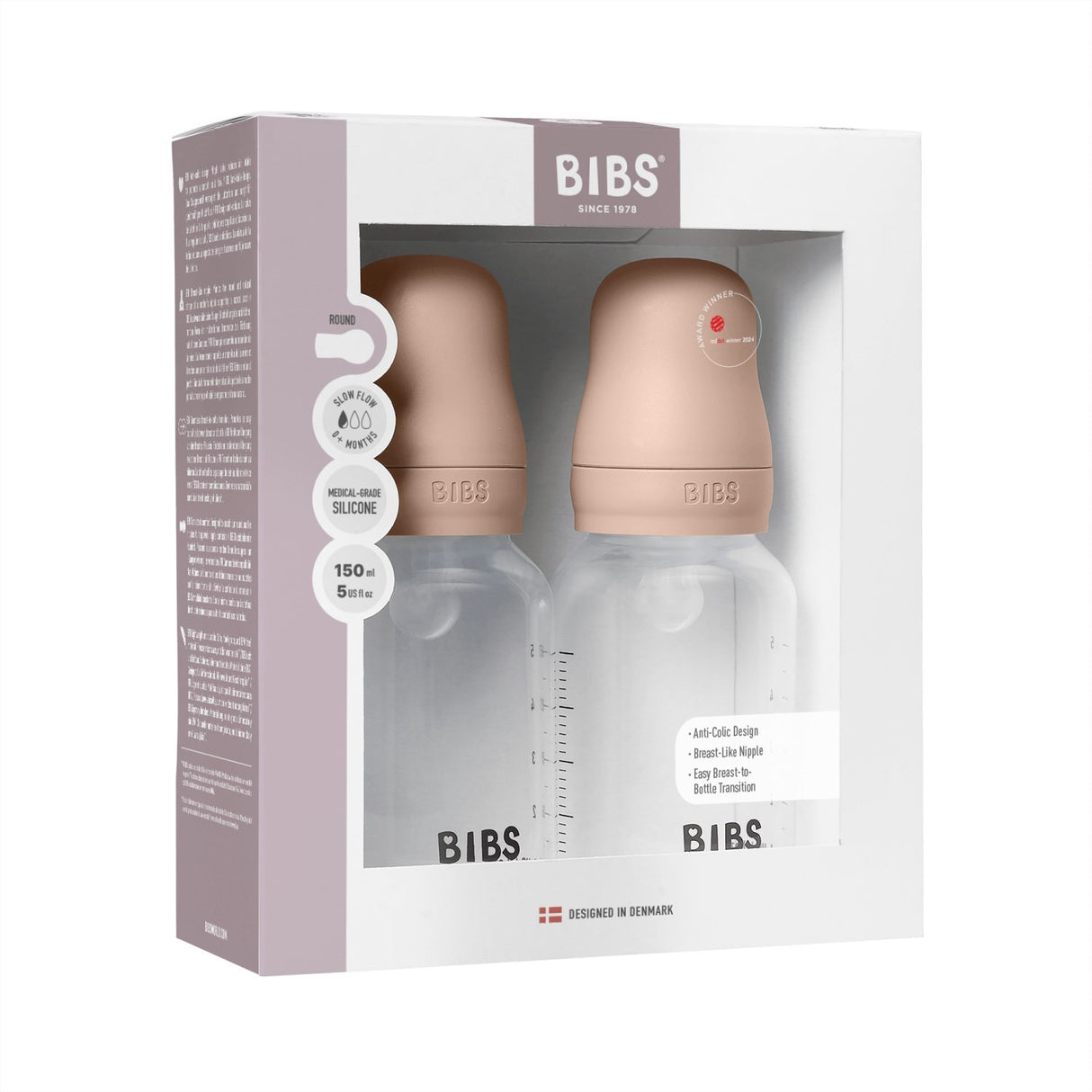 Bibs Blush Baby Flaske Round Silikon 2-Pakning 150 Ml Slow Flow