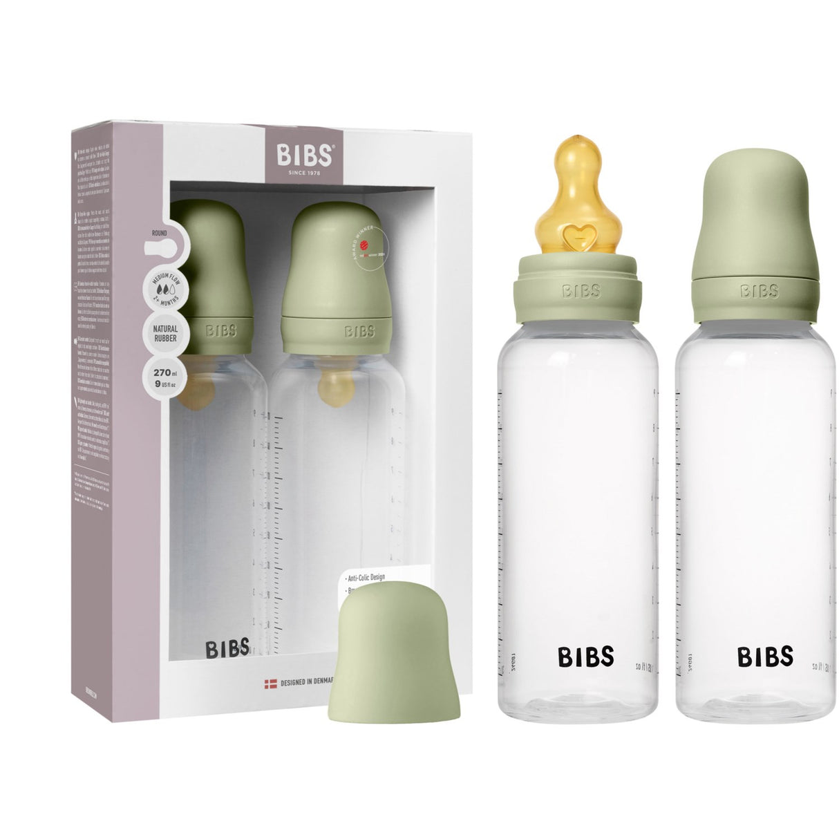 Bibs Sage Baby Flaske Round Latex 2-Pakning 270 Ml Medium Flow