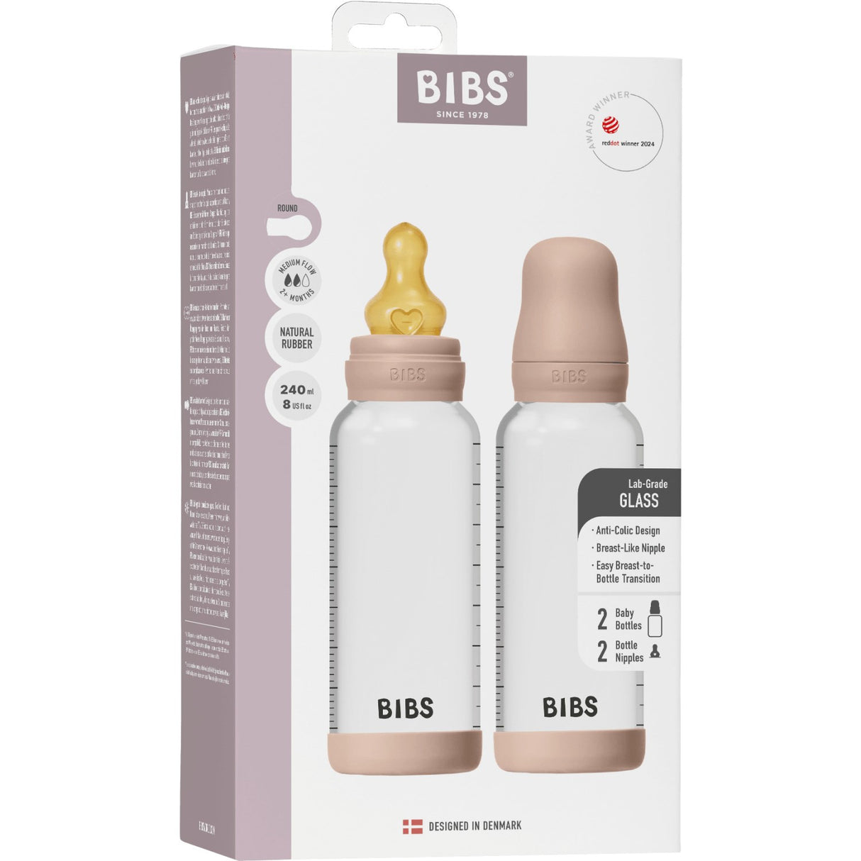 Bibs Blush Glass Baby Flaske Round Latex 2-Pakning 240 Ml Medium Flow
