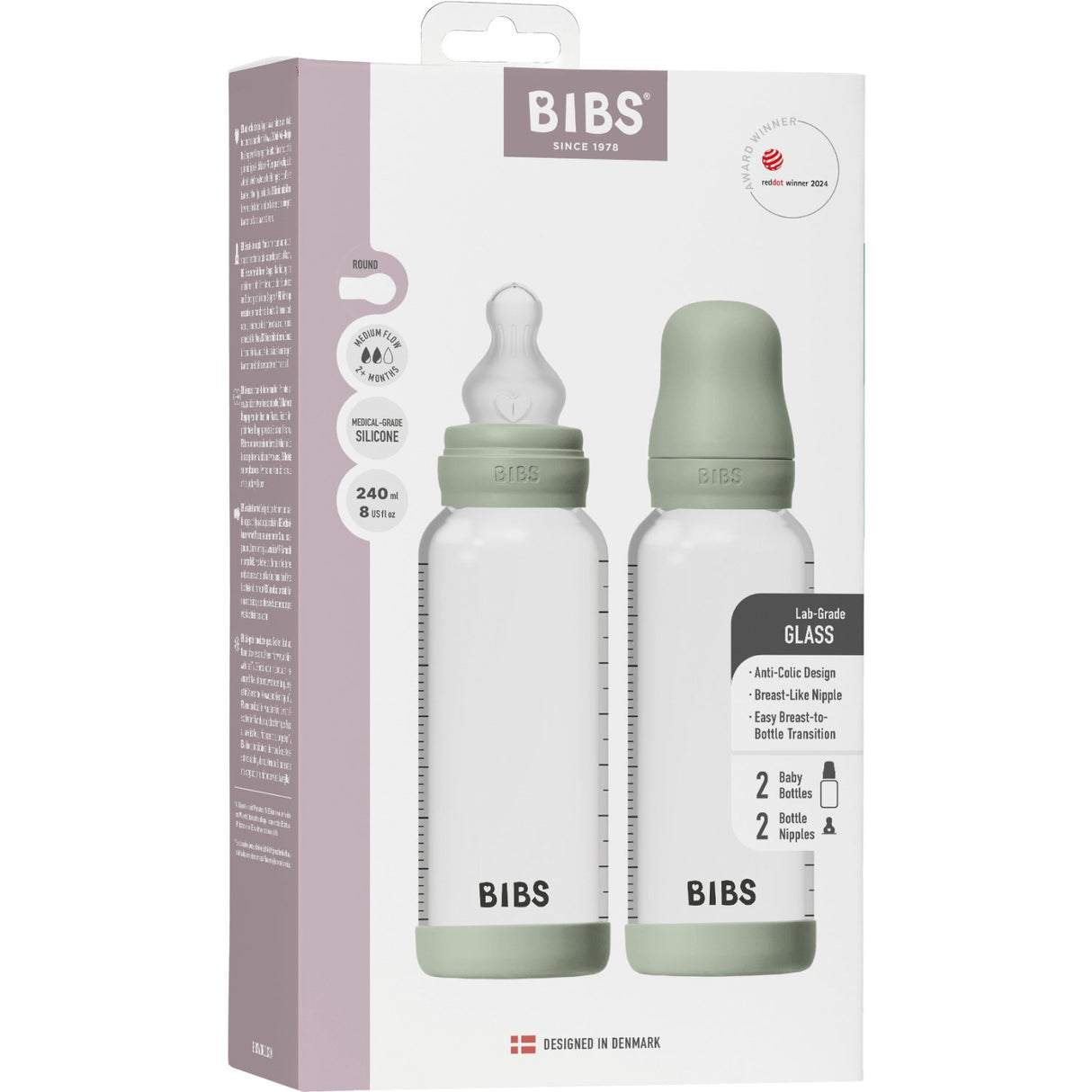 Bibs Sage Glass Baby Flaske Round Silikon 2-Pakning 240 Ml Medium Flow
