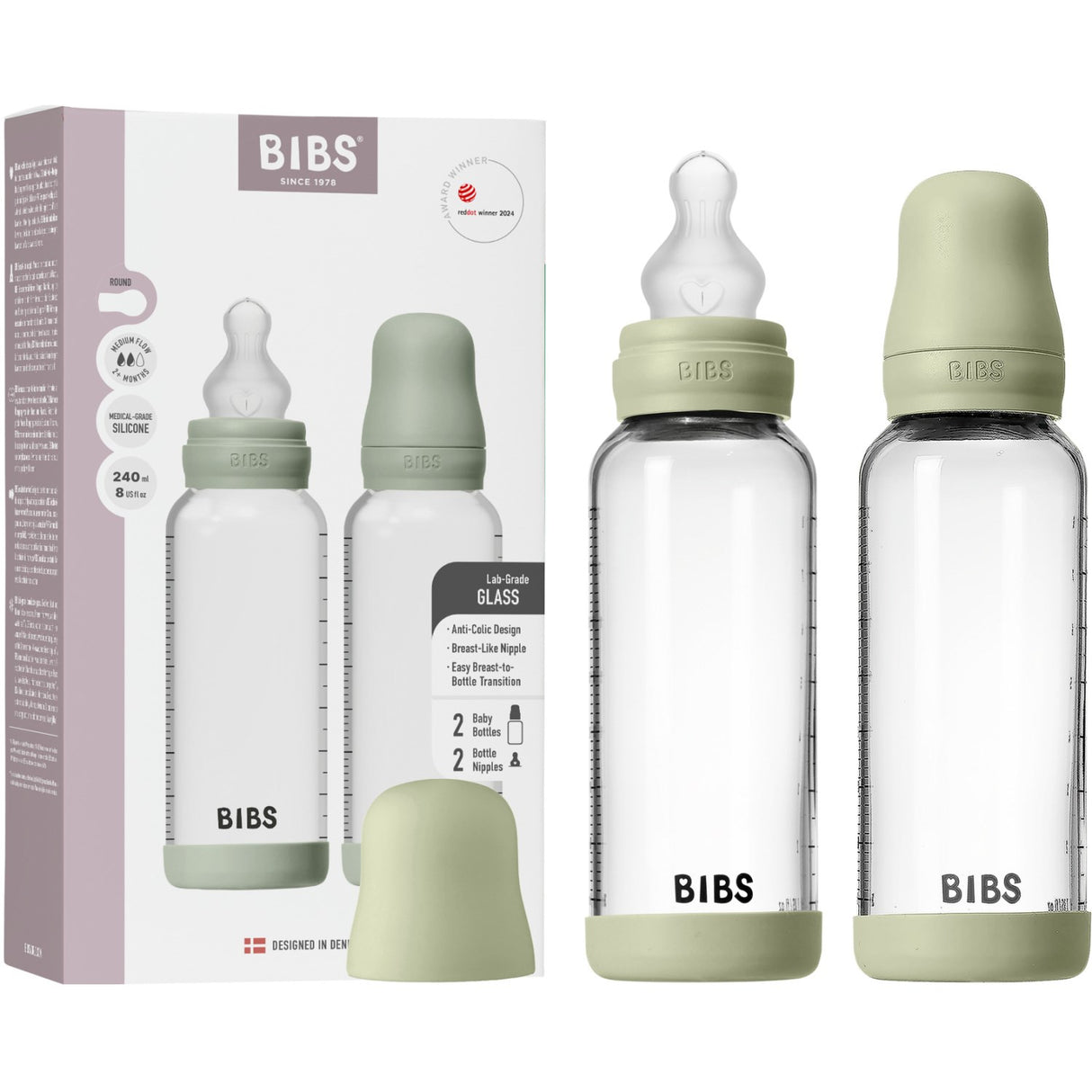Bibs Sage Glass Baby Flaske Round Silikon 2-Pakning 240 Ml Medium Flow
