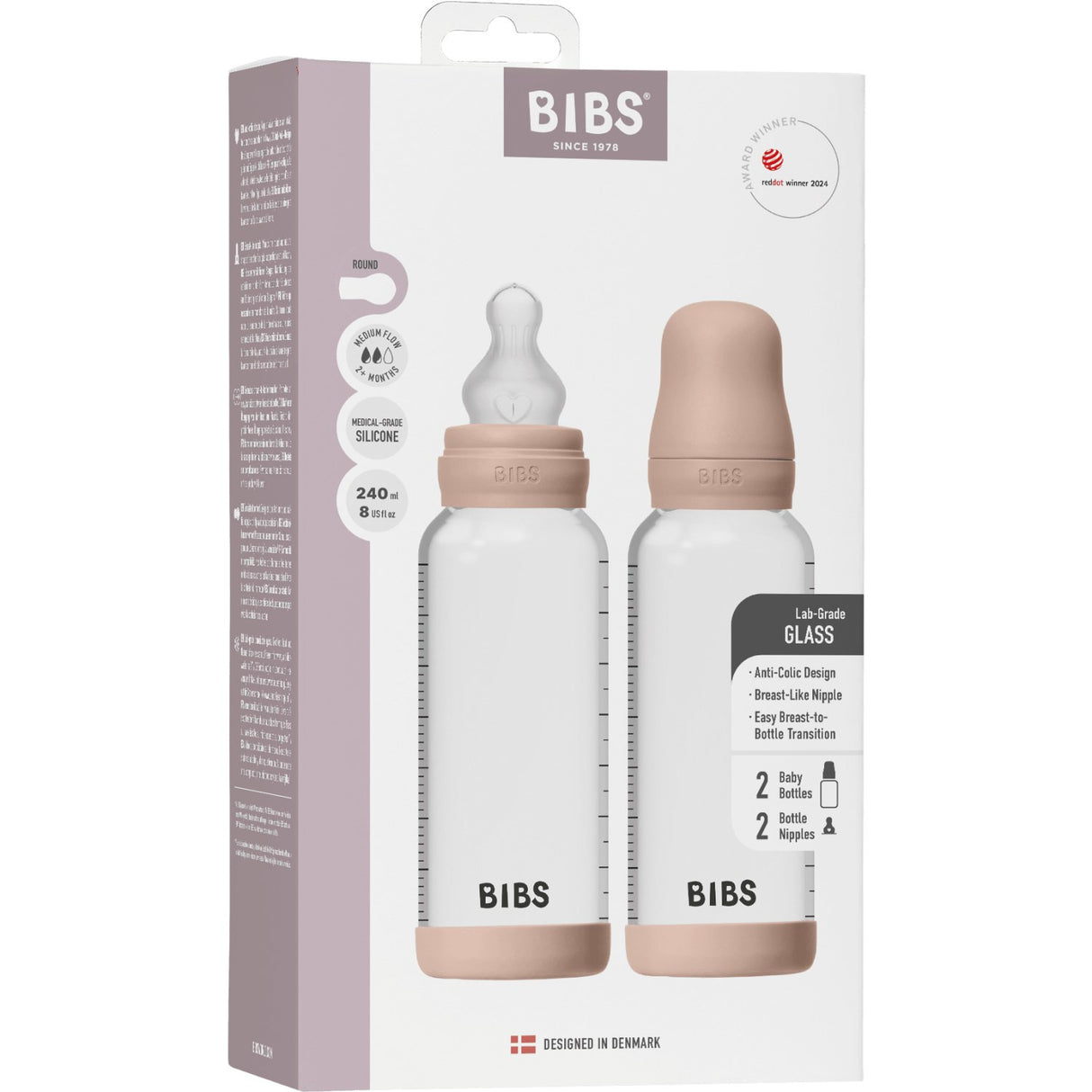 Bibs Blush Glass Baby Flaske Round Silikon 2-Pakning 240 Ml Medium Flow
