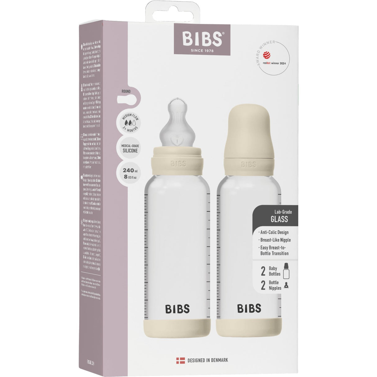 Bibs Ivory Glass Baby Flaske Round Silikon 2-Pakning 240 Ml Medium Flow