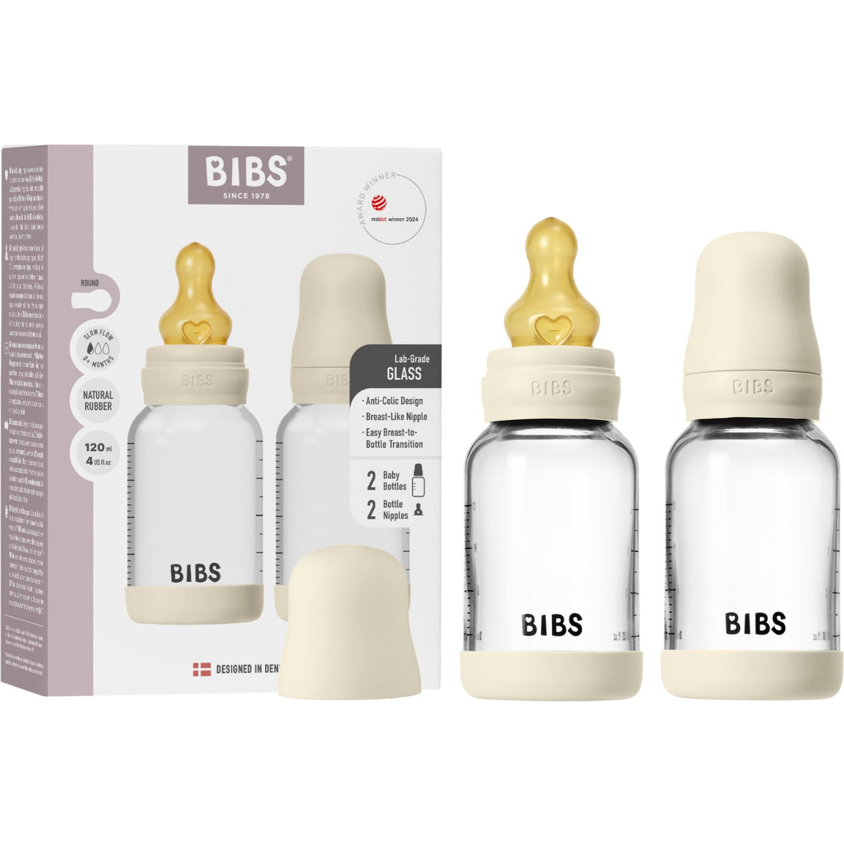 Bibs Ivory Glass Baby Flaske Round Latex 2-Pakning 120 Ml Slow Flow