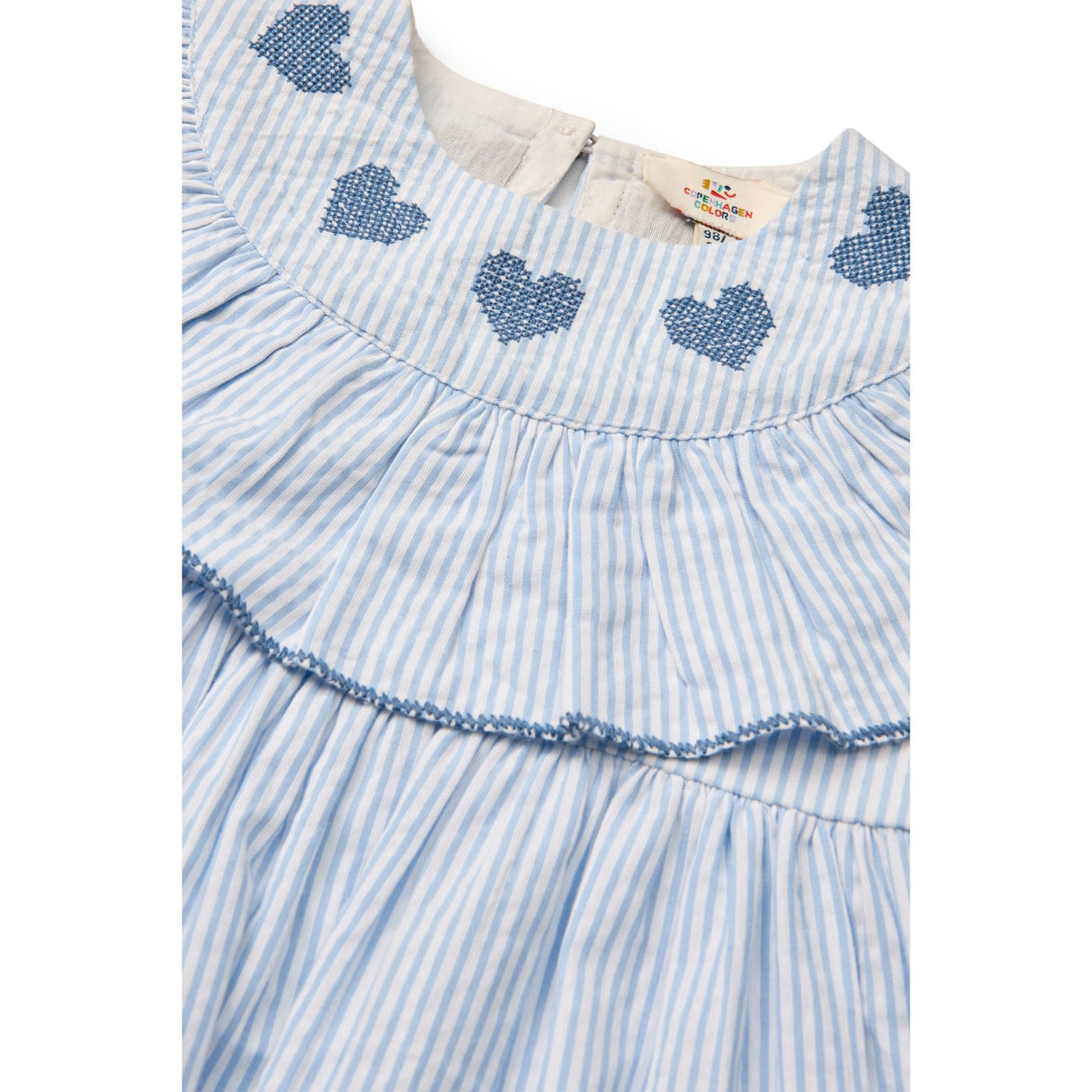 COPENHAGEN COLORS Sky Blue W Cream Stripe W Ocean Blue Seersucker Kjole W. Heart